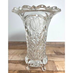 Vintage Lead Crystal Vase With Floral Etching & Scalloped Rim, Sawtooth